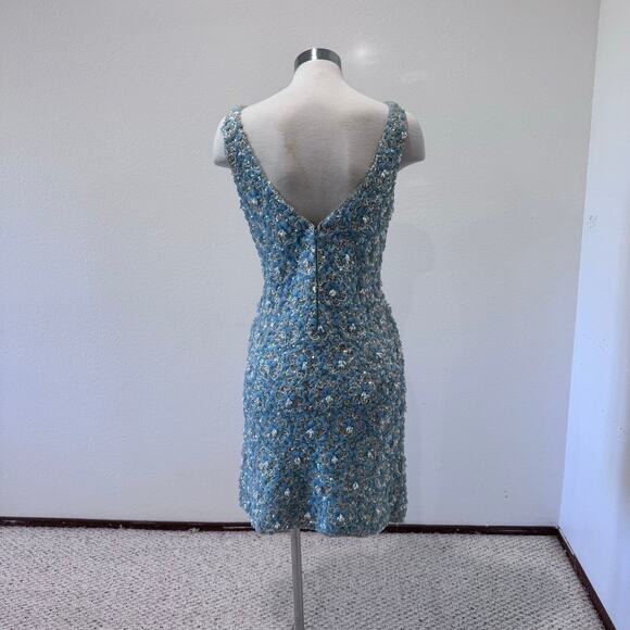Royal Cathay Vintage Powder Blue Knit Floral Sequin Beaded Dress Size Small - Picture 2 of 9